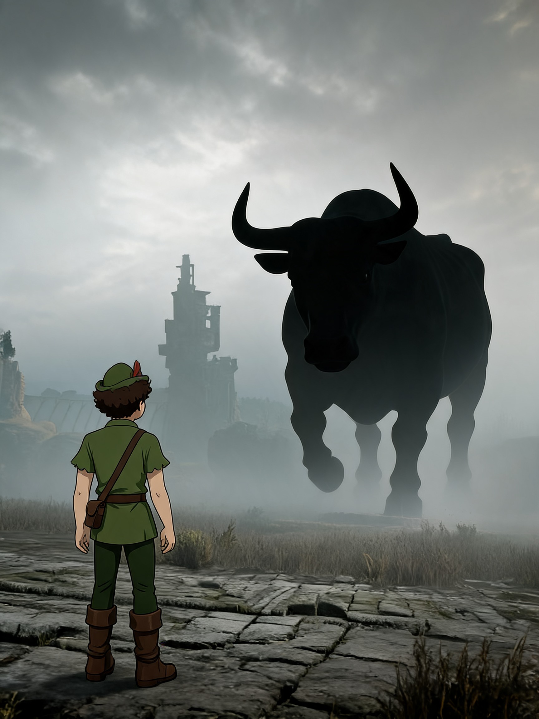 Little Guy faces a gigantic shadowy bull on a ruined city street.
