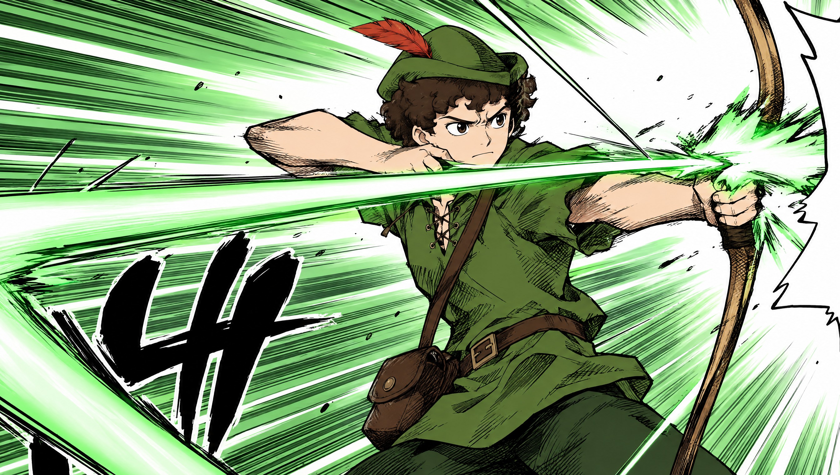 Little Guy draws his bow through an explosive green burst of manga speed lines, wearing his olive hat with a red feather.